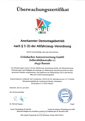 Überwachungszertifikat: anerkannter Demontagebetrieb nach Altfahrzeug-Verordnung